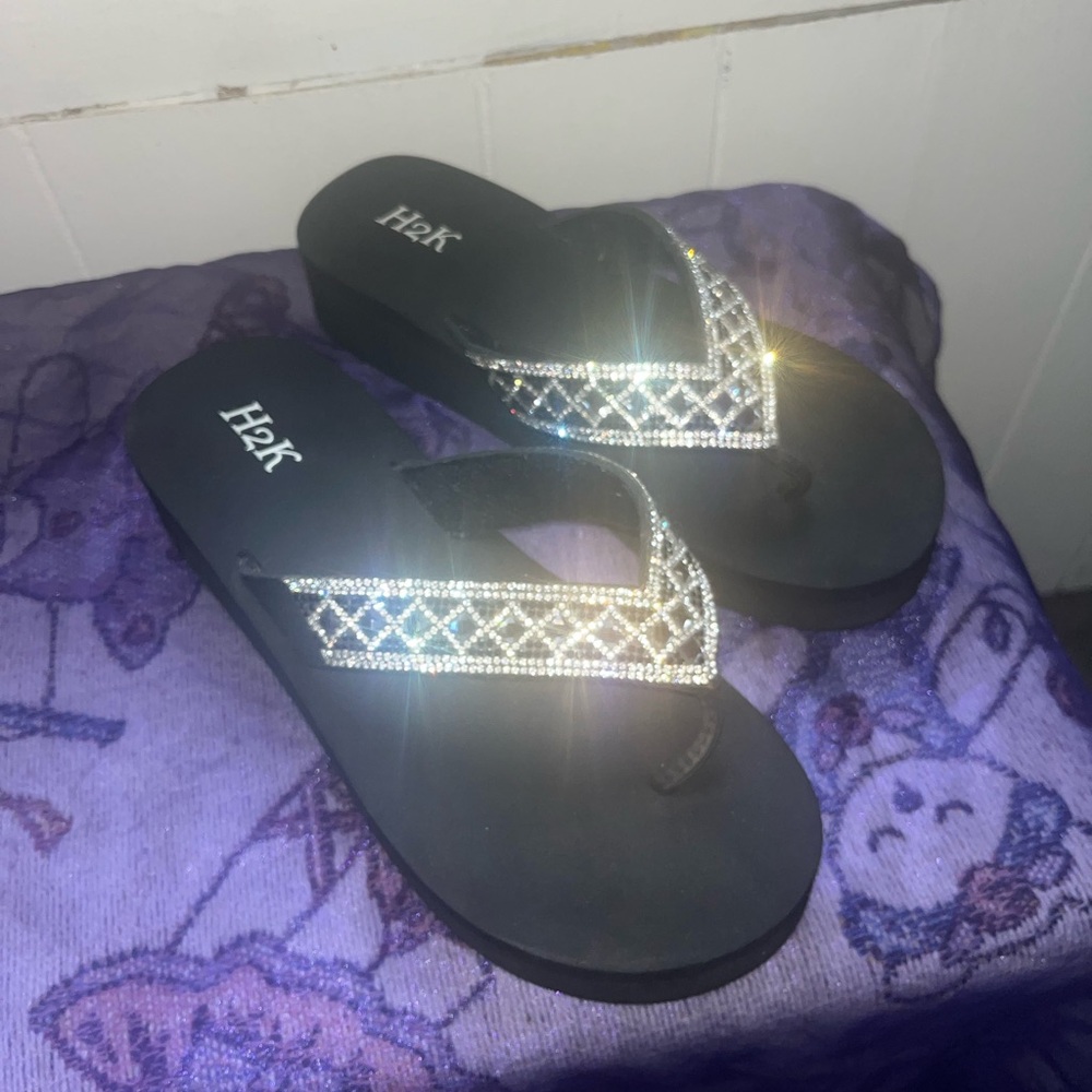 y2k platform heeled flip flops with rhinestone straps